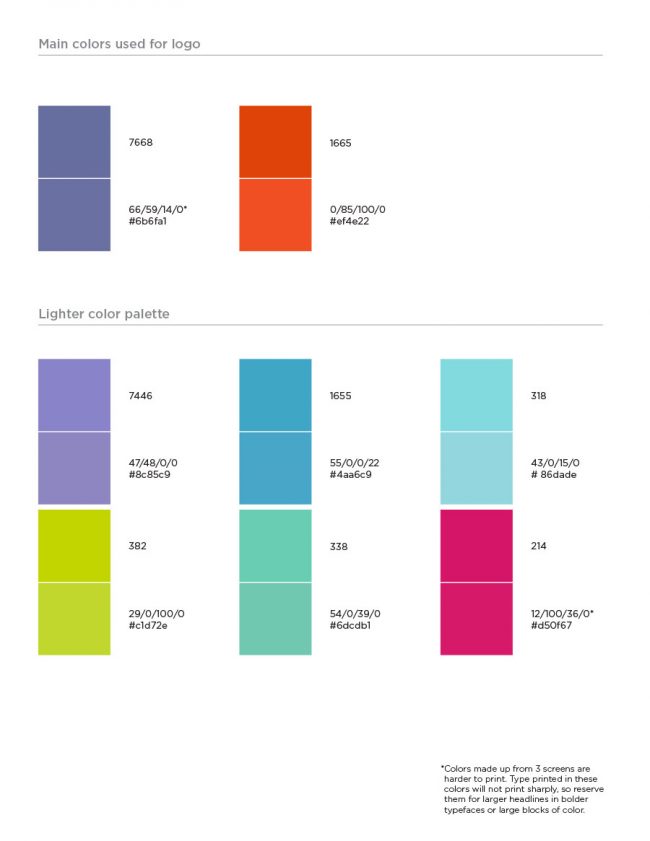 Brand Guide: This page showing the main color palette and each colors Pantone, CMYK and HTML color codes.